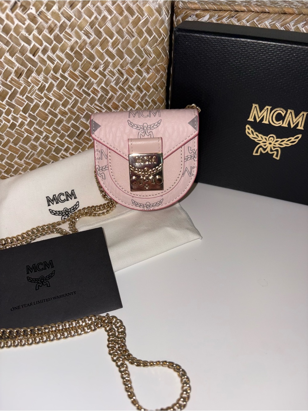 MCM Pink Monogram Leather Mini Crossbody with Gold Hardware
